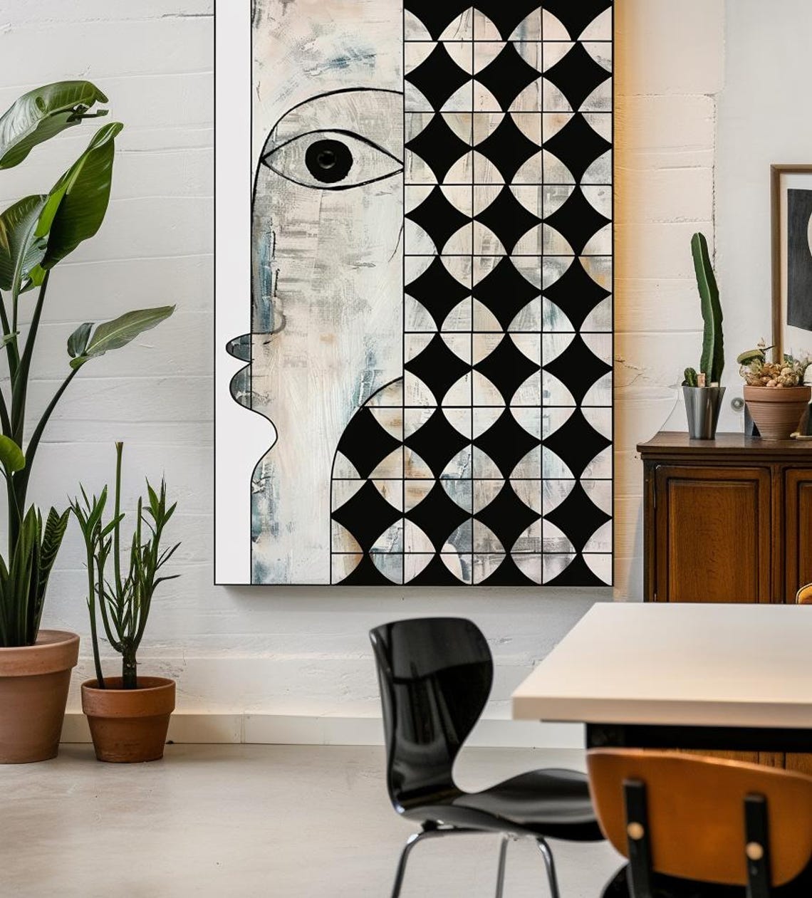 Line Art Face Beside Black and White Geometric Lattice Art Poster