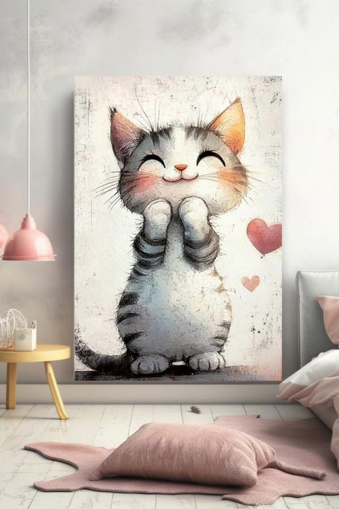 Smiling Gray Tabby Kitten With Raised Paws And Hearts Poster
