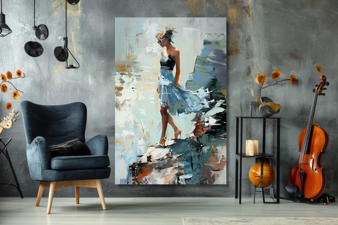 Woman In Blue Skirt Walking Along Rocky Shore Impressionist Poster - Image 3