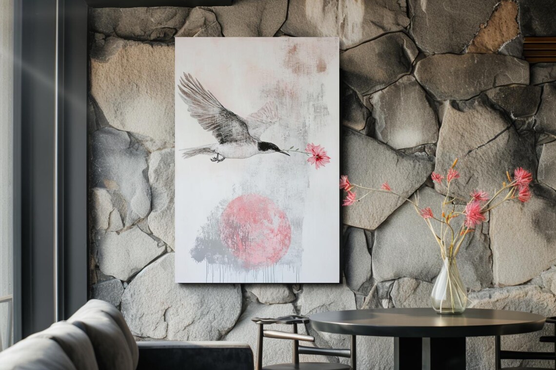 Swallow Carrying Pink Flower Over Red Sun Minimalist Ink Poster