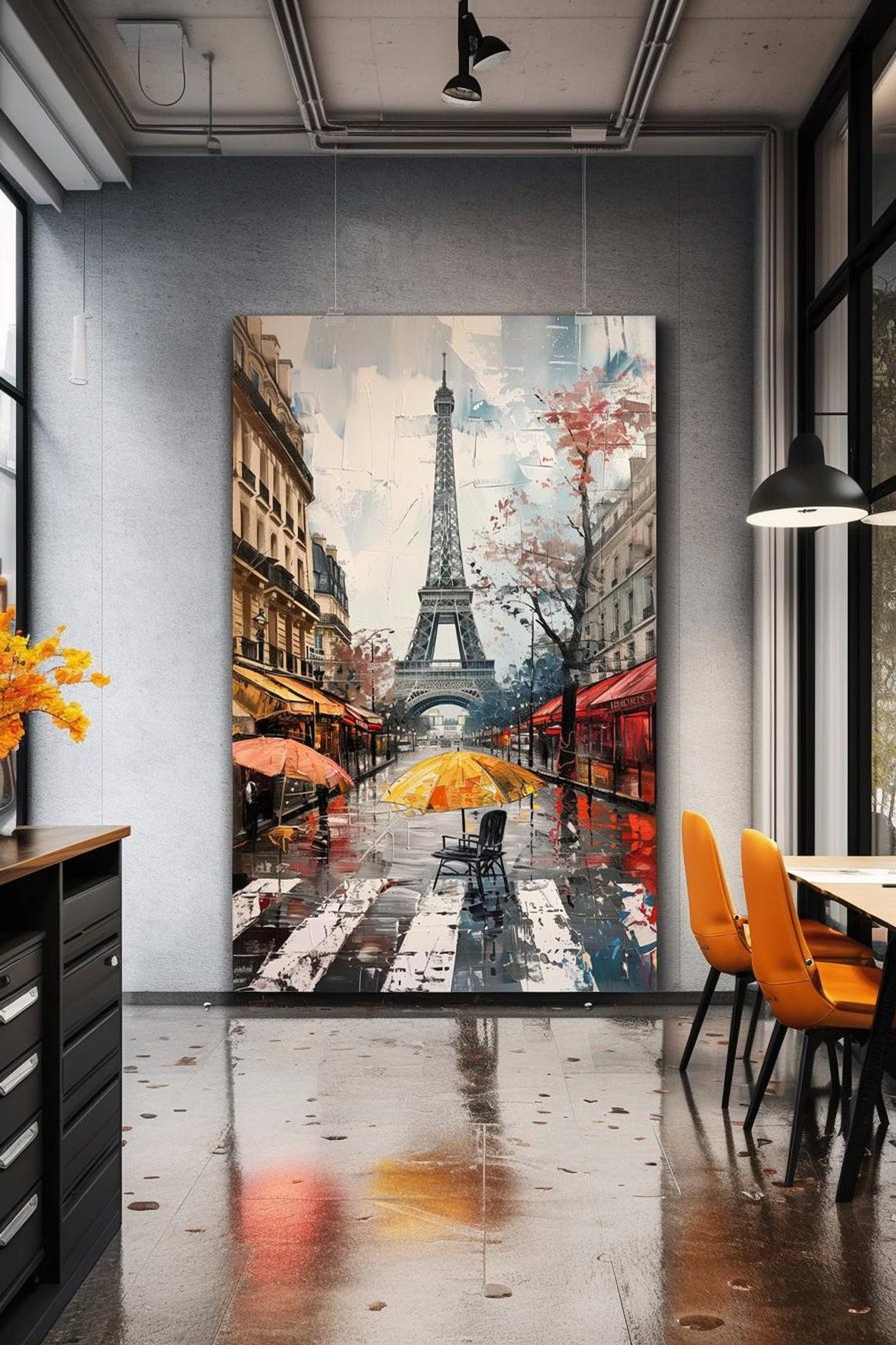 Rainy Paris Street With Yellow Umbrella And Eiffel Tower Poster
