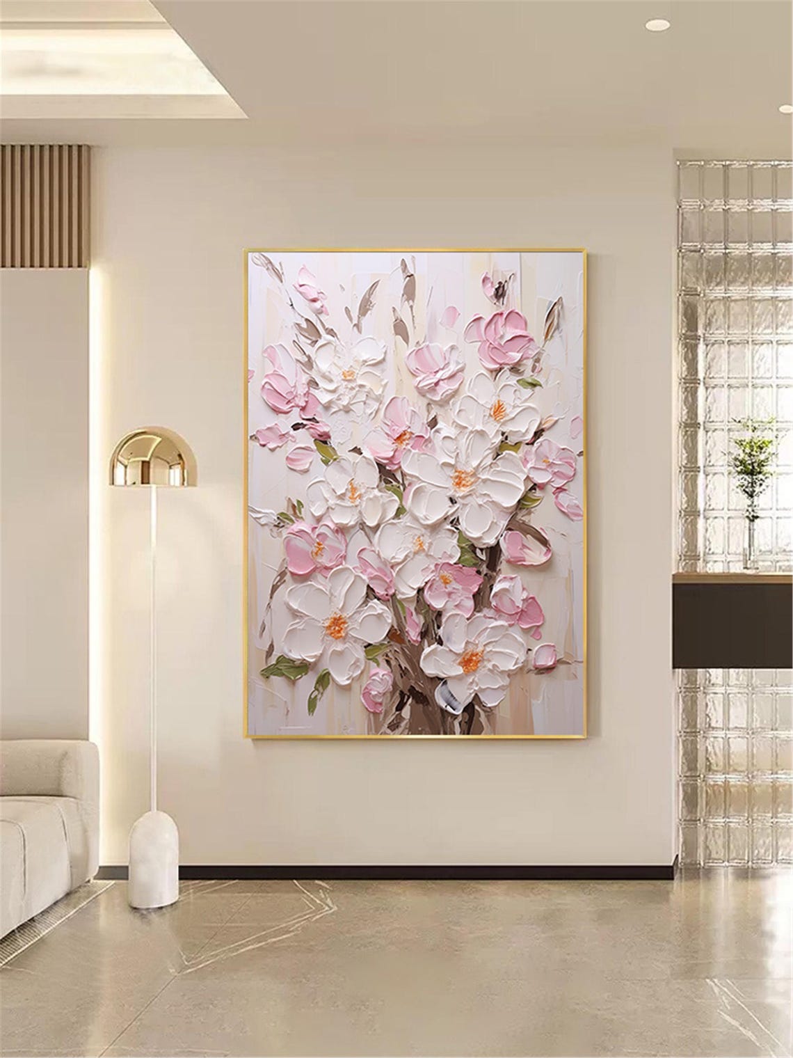 White Pink Blossom Branches Cream Vertical Textured Spring Wall Art - Image 2