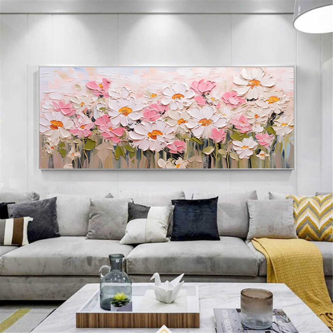 White Pink Cosmos Flower Field Panoramic Textured Floral Wall Art - Image 4