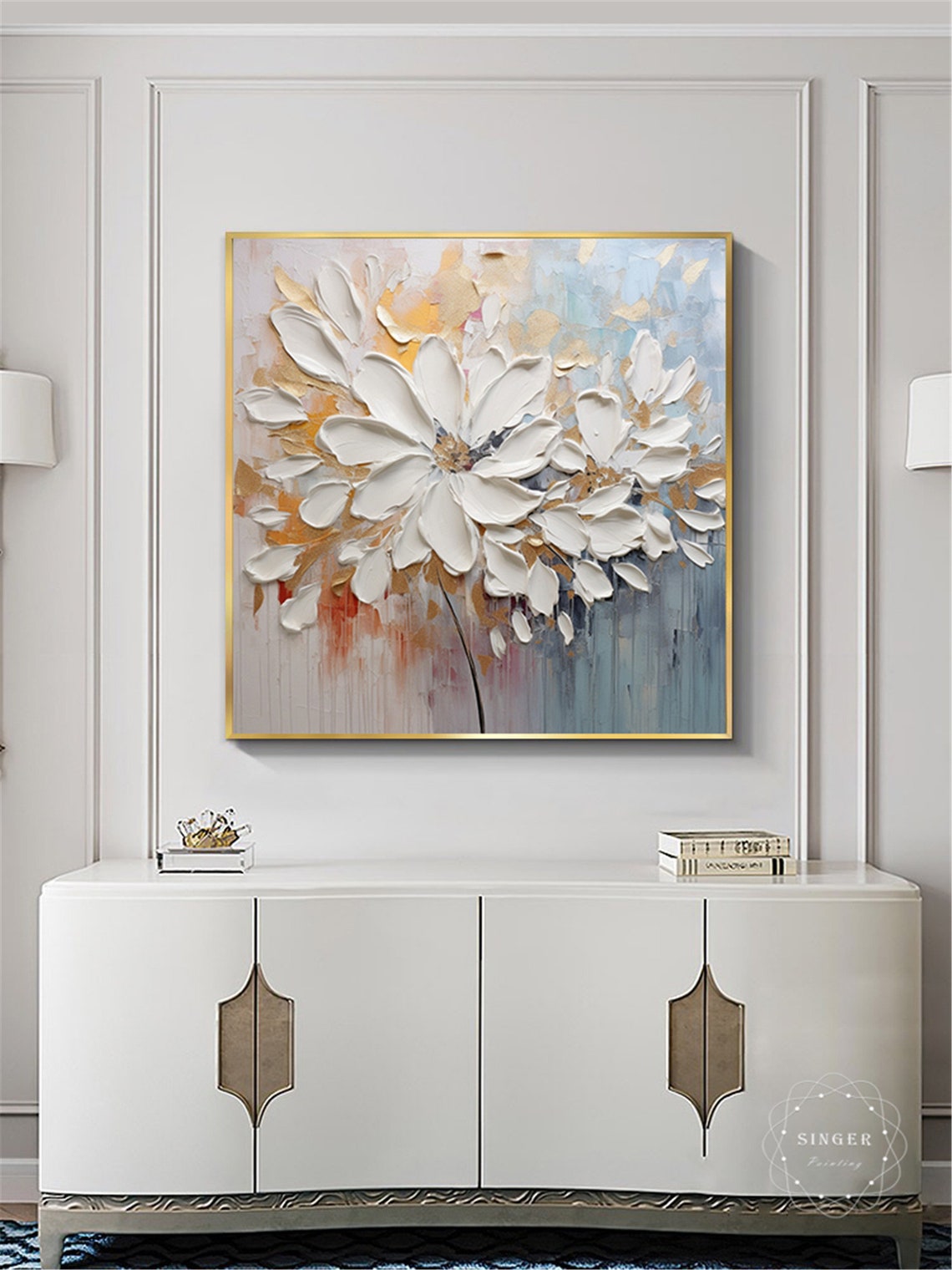 White Bloom Petals 3D Textured Impasto Flower Painting Gold Wall Art - Image 5