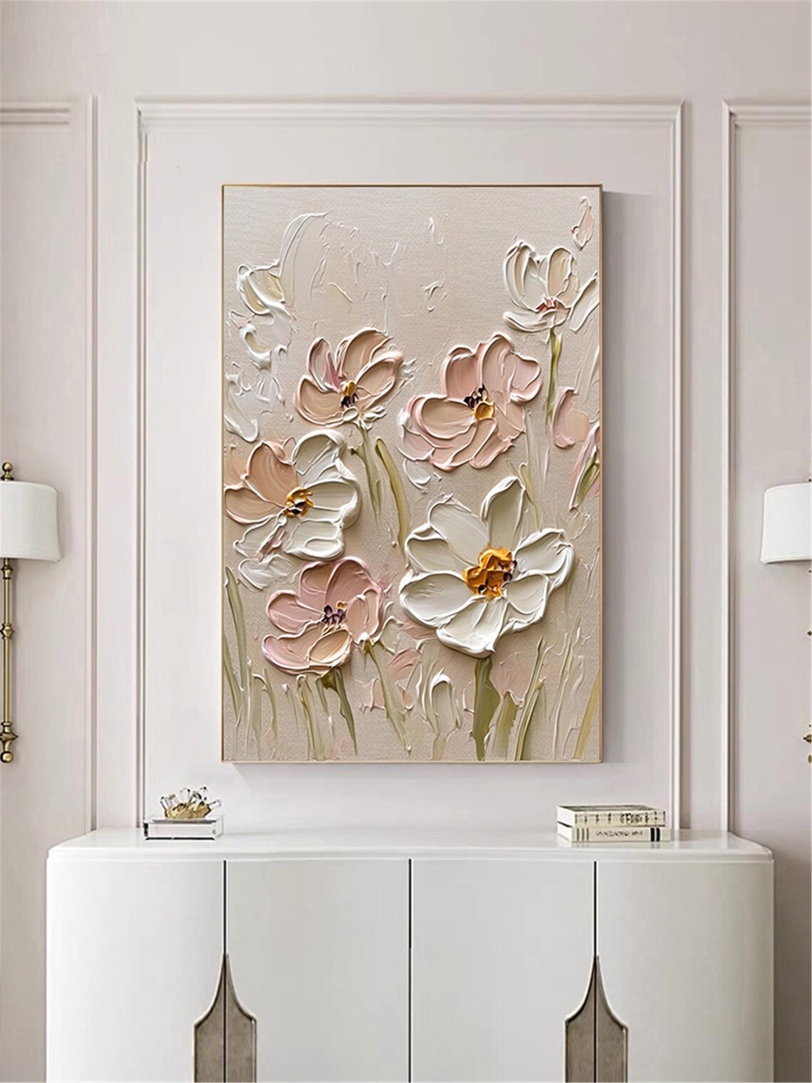 Minimal White Blush Cosmos Flower 3D Textured Floral Painting Poster - Image 4