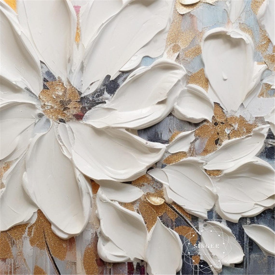 Giant White Daisy Gold Beige Abstract Modern Square Wall Art - Image 5