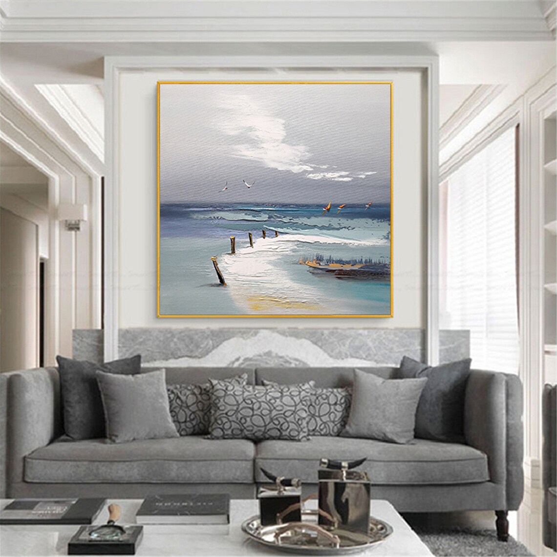 Abstract Blue Gray Acrylic Seascape Wall Art Print - Image 3