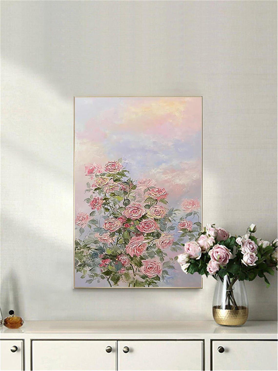 Pink Rose Bush Sunset Sky 3D Textured Floral Painting Poster - Image 5