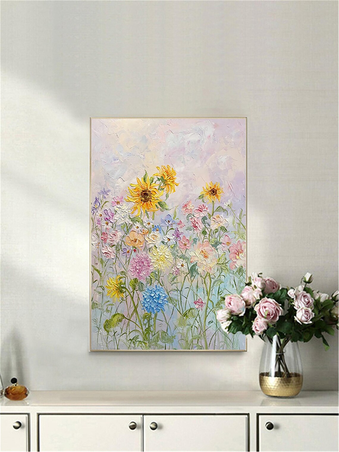 Sunflower Wildflower Meadow Pastel Vertical Garden Scene Wall Art - Image 4