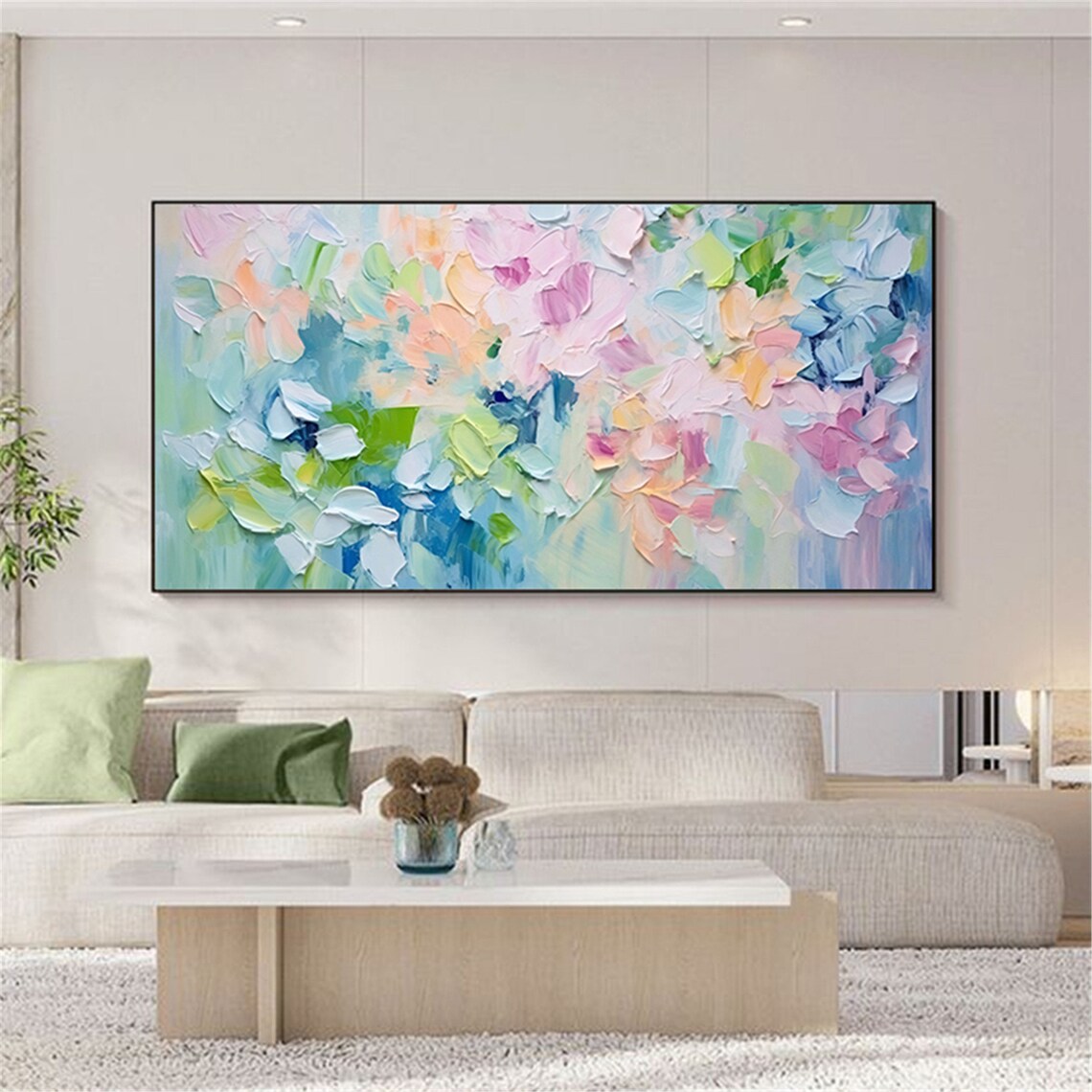 Soft Pastel Blue Pink Abstract Floral 3D Textured Painting Poster - Image 5