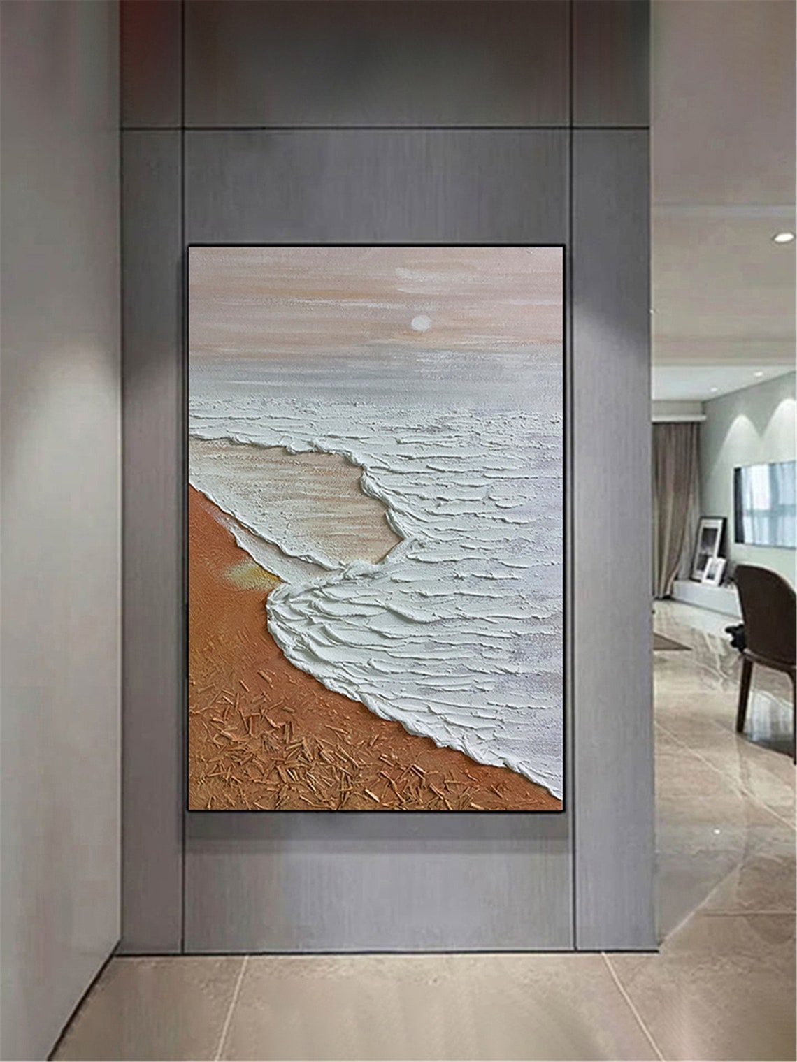 Ocean Waves Orange Sand 3D Textured Beach Painting Vertical Poster - Image 2