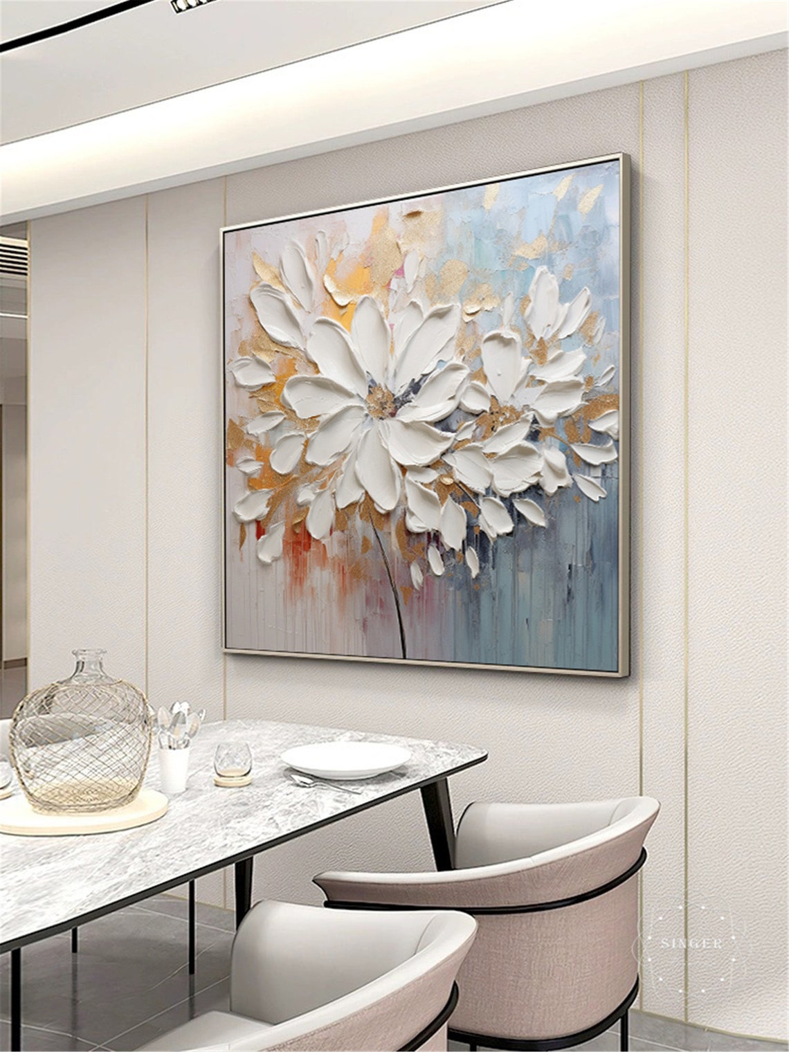 White Bloom Petals 3D Textured Impasto Flower Painting Gold Wall Art - Image 2