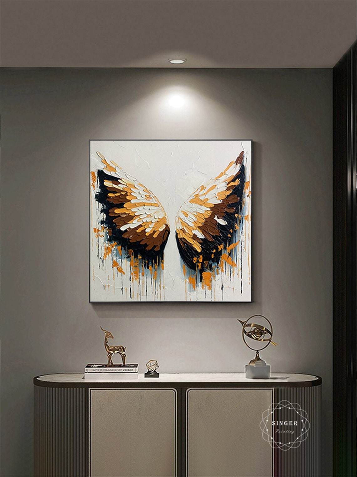 Golden Angel Wings 3D Textured Impasto Painting White Canvas Wall Art - Image 4