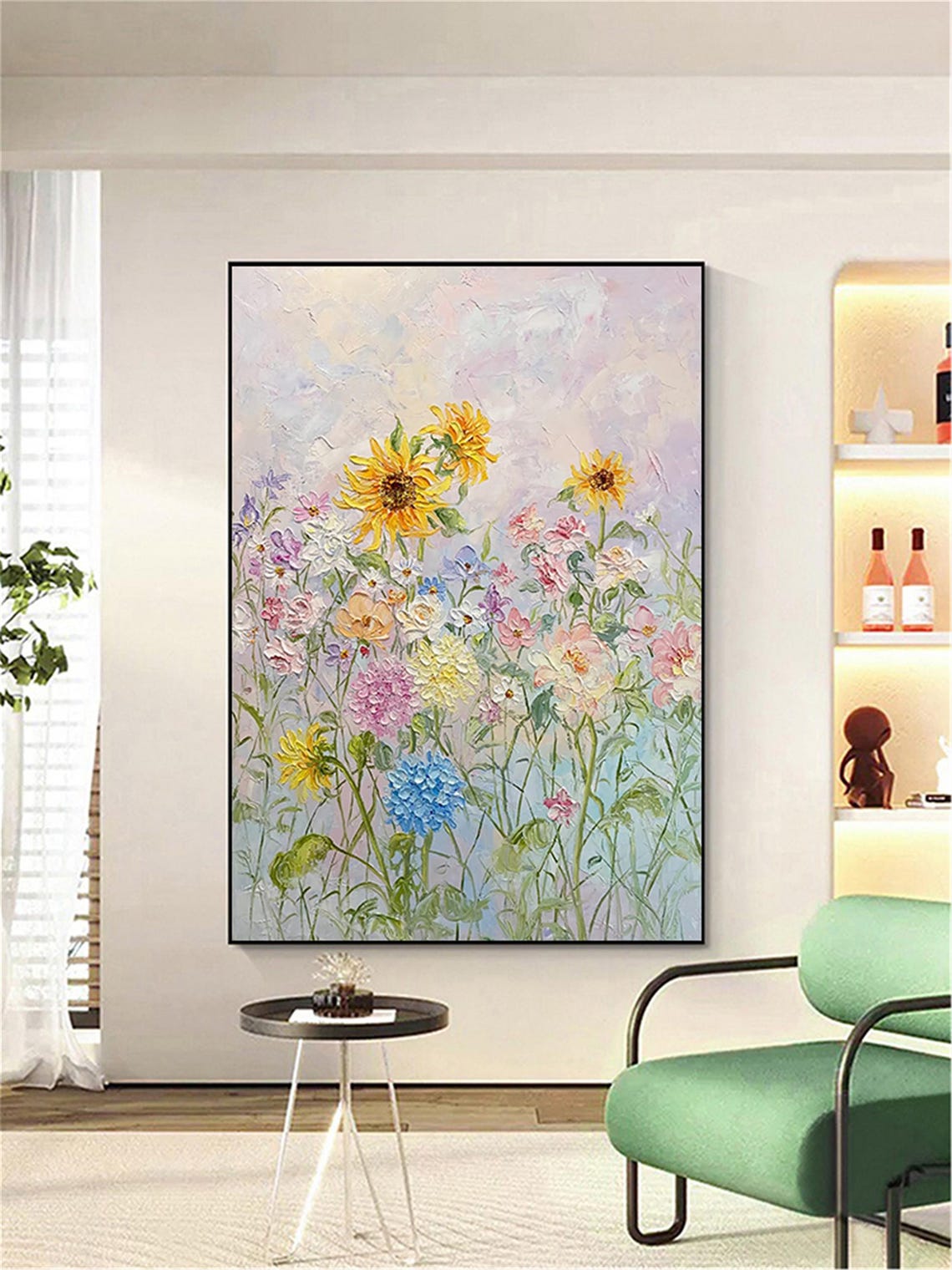 Sunflower Wildflower Meadow Pastel Vertical Garden Scene Wall Art - Image 2