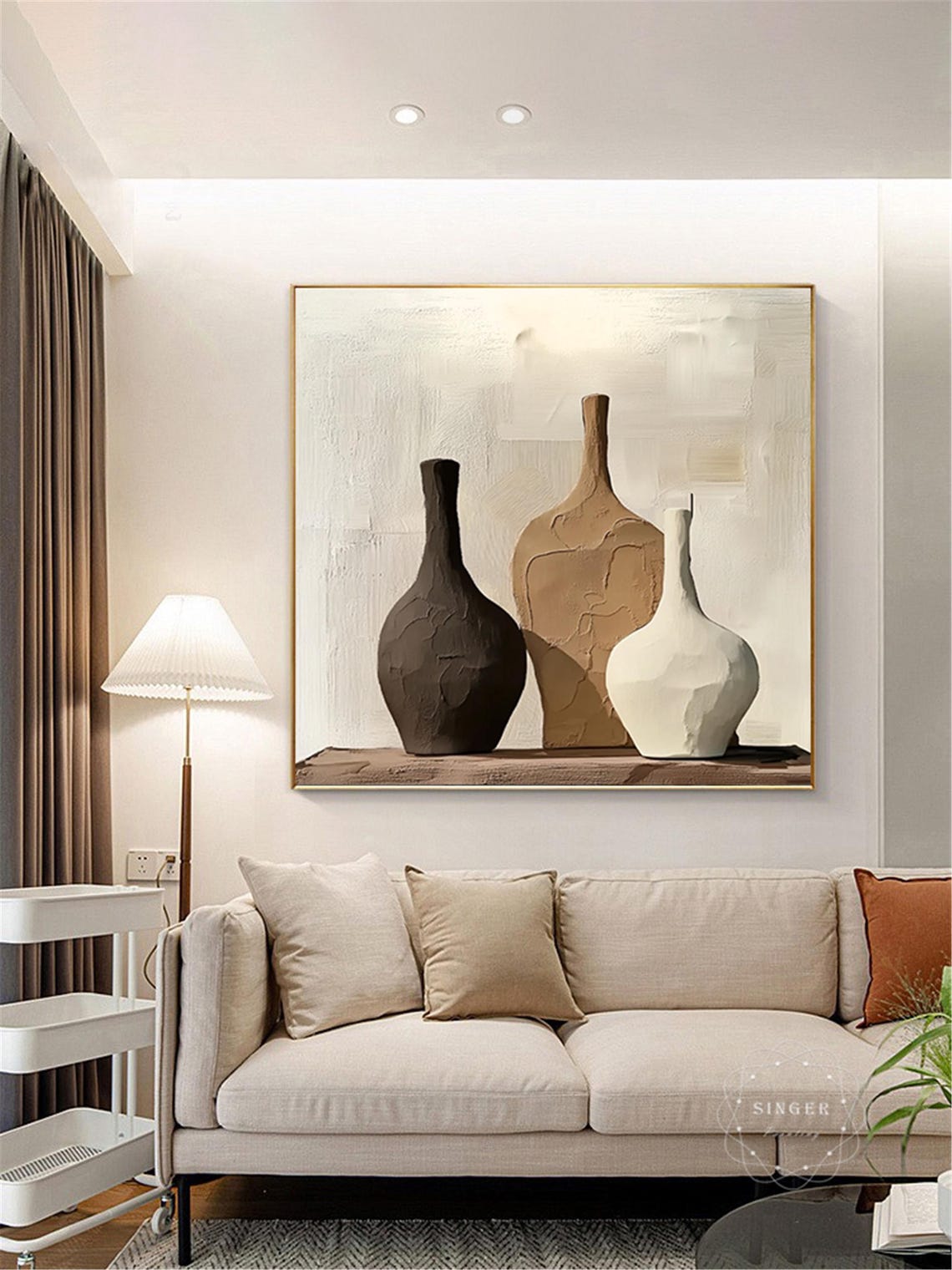 Clay Vases Still Life 3D Textured Impasto Painting Neutral Wall Art - Image 3