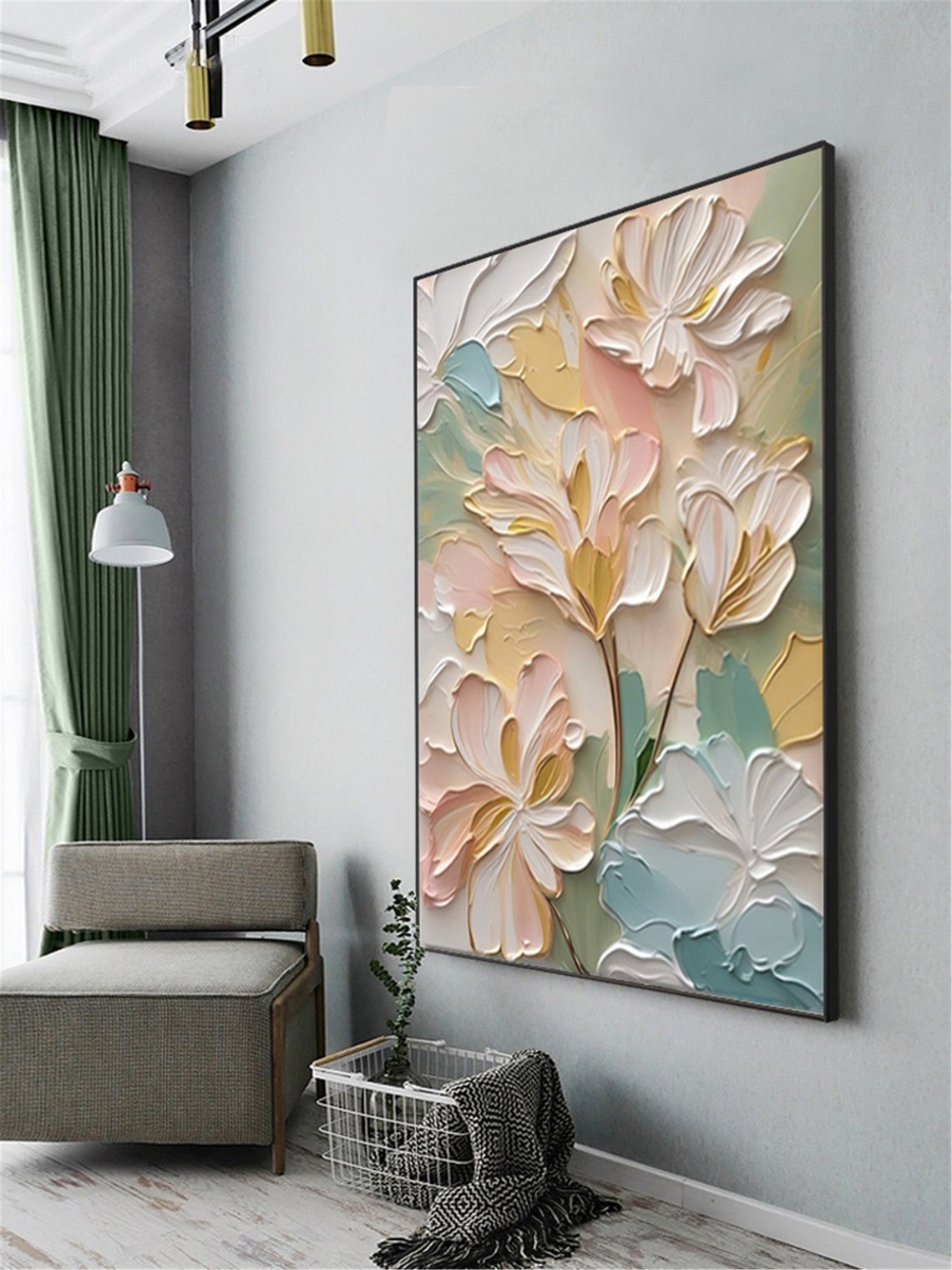 Cream Gold Lily Blossoms Sage Green Elegant Large Floral Wall Art - Image 2