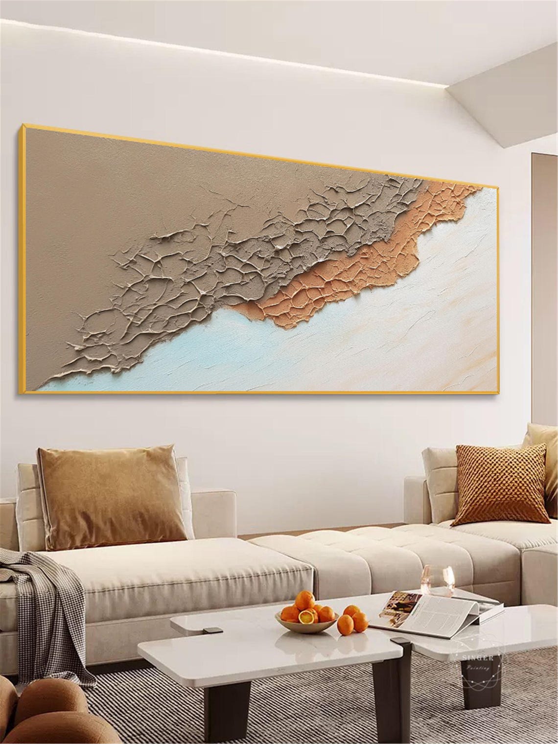 Cracked Earth Desert Abstract 3D Textured Taupe Coral Panoramic Print - Image 2