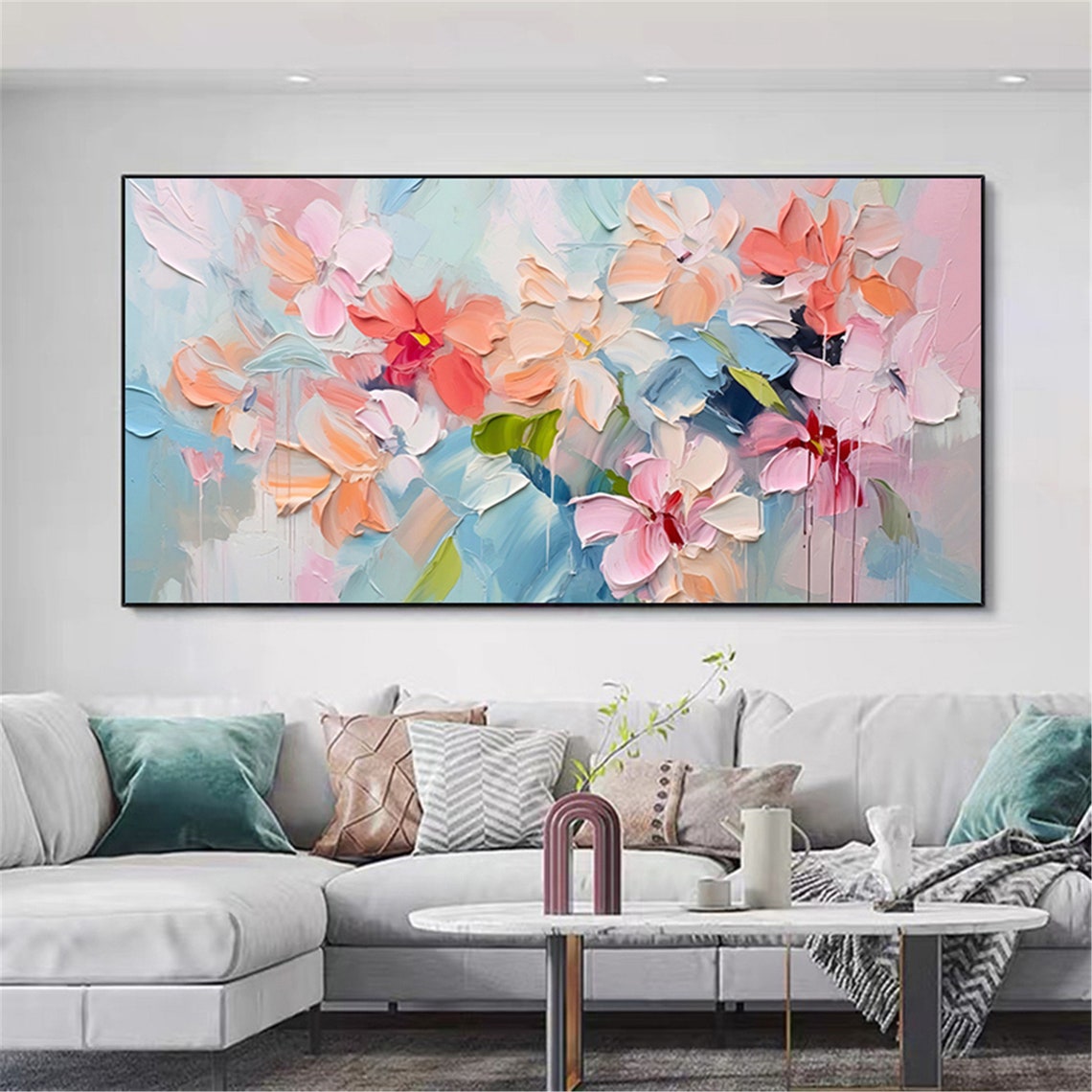 Pink Blue Abstract Floral Color Wash 3D Textured Painting Poster - Image 2