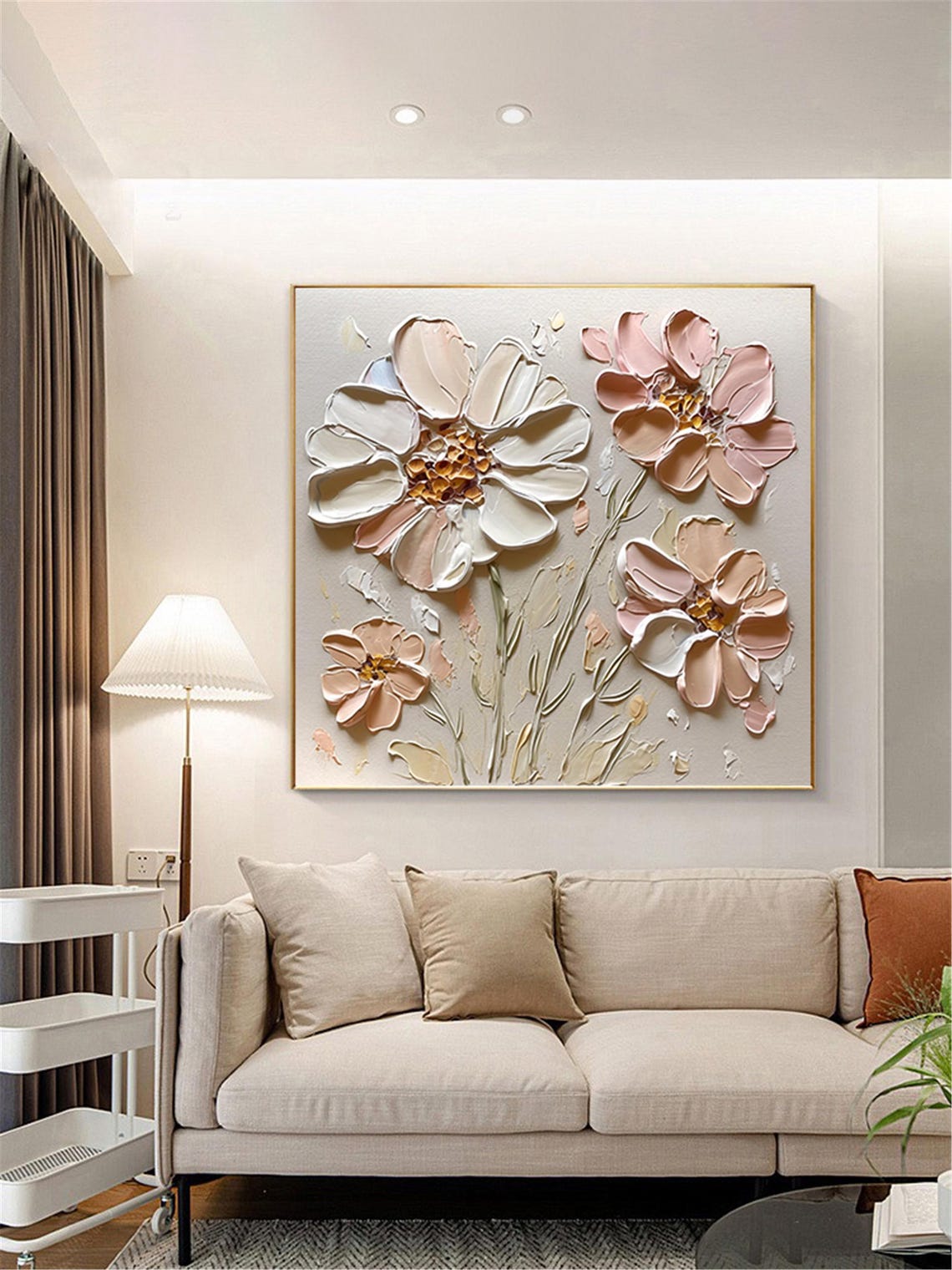 Cream Pink Cosmos Flowers Gold Center Textured Square Wall Art - Image 3