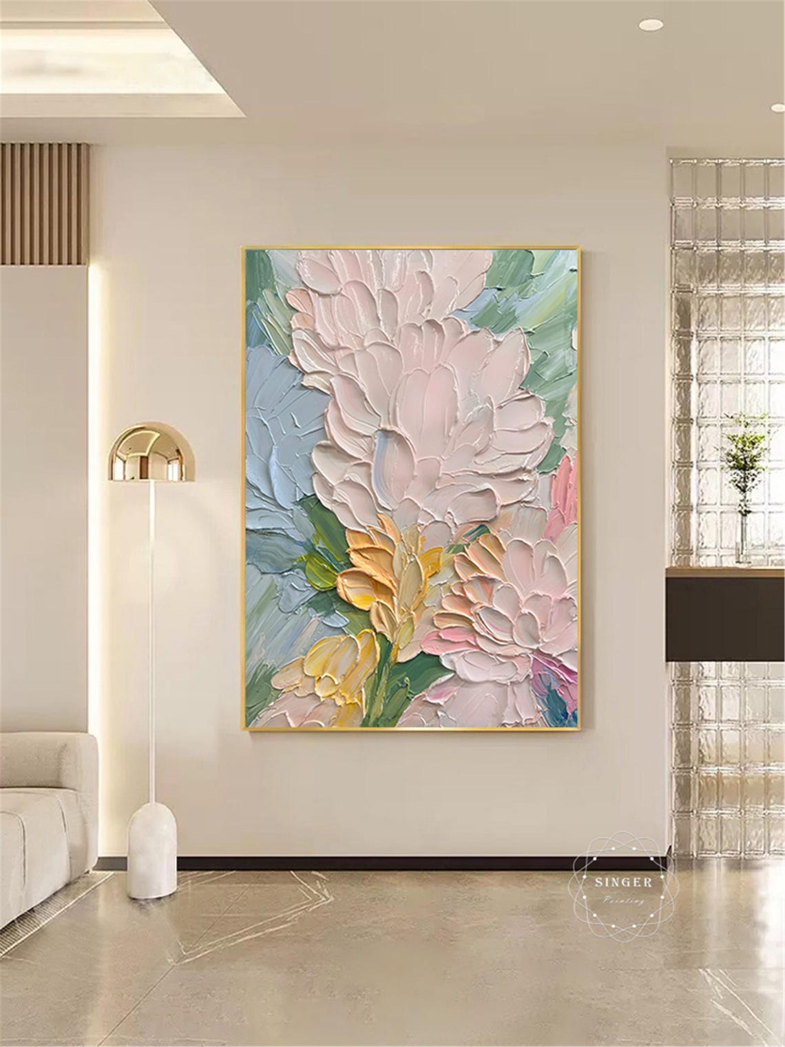 Tall White Pink Flower Teal Yellow Splash Vertical Statement Wall Art - Image 2