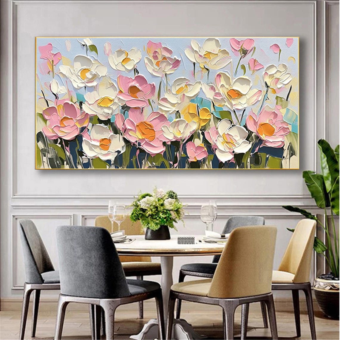 Pink White Flower Teal Navy 3D Textured Floral Painting Poster - Image 5
