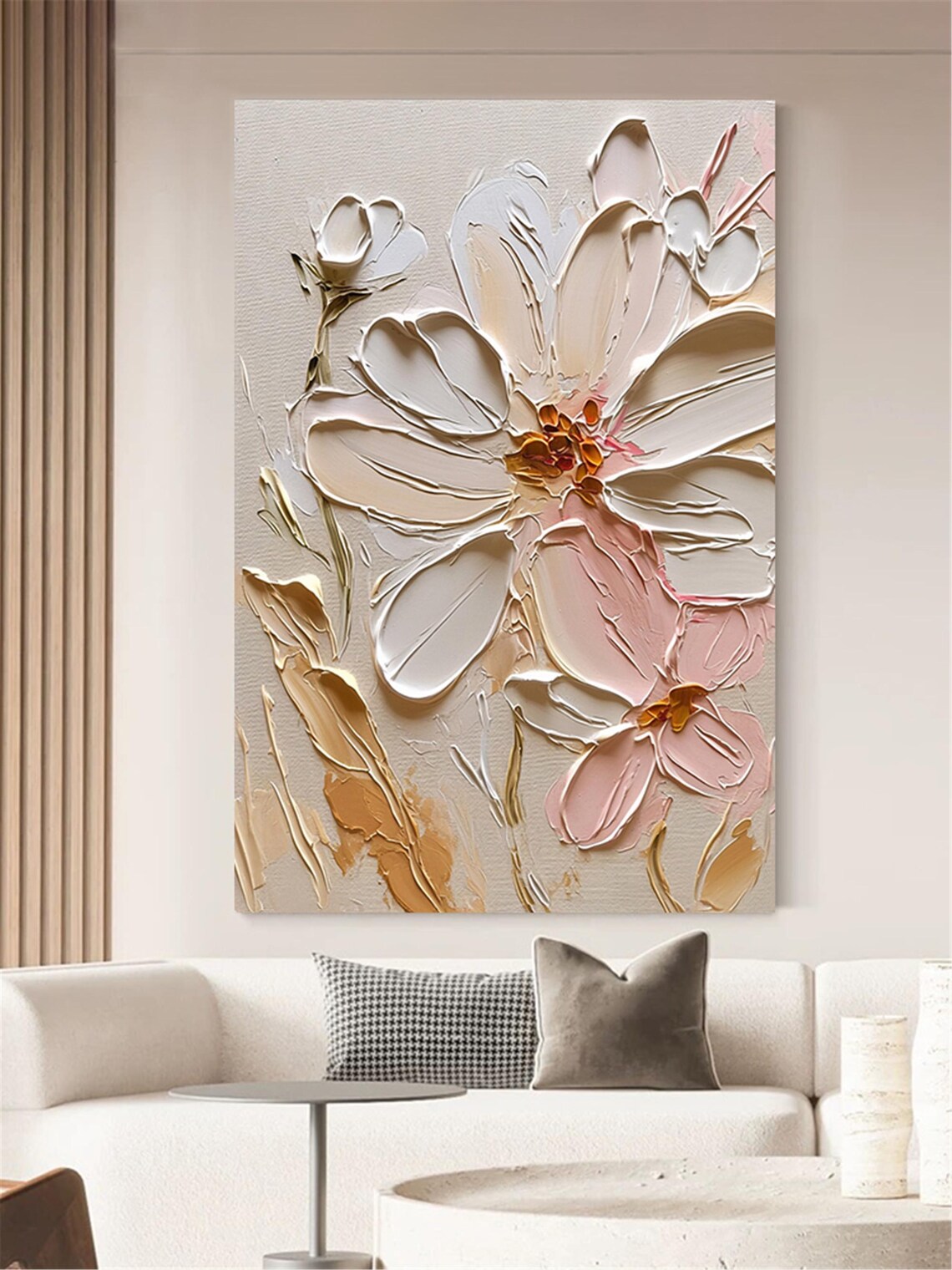 Large White Bloom Small Pink Flower 3D Textured Floral Painting Poster - Image 3