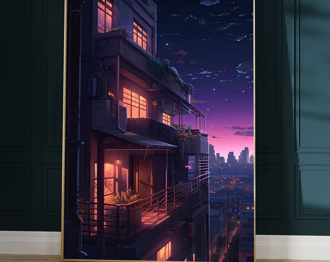 Anime Apartment Building at Night With Glowing Windows and Stars Poster - Image 2