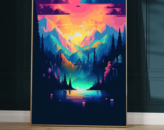 Vibrant Mountain Landscape Poster Nature Wall Decor Lake House Art Pixel Art Surrealism Ai Generated Forest Outdoor Scene