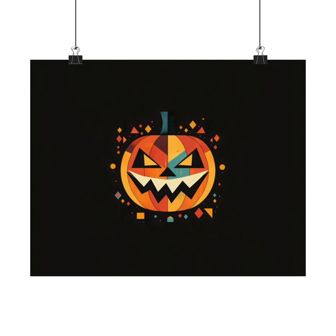 Geometric Jack O Lantern Pumpkin Halloween Art on Black Background Spooky Poster