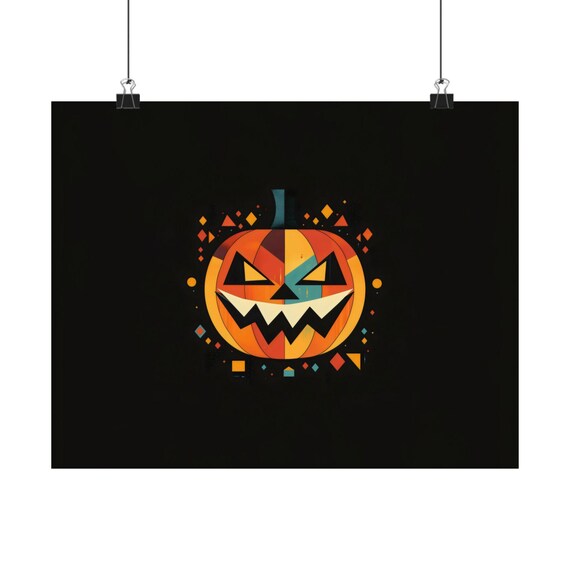 Geometric Jack O Lantern Pumpkin Halloween Art on Black Background Spooky Poster