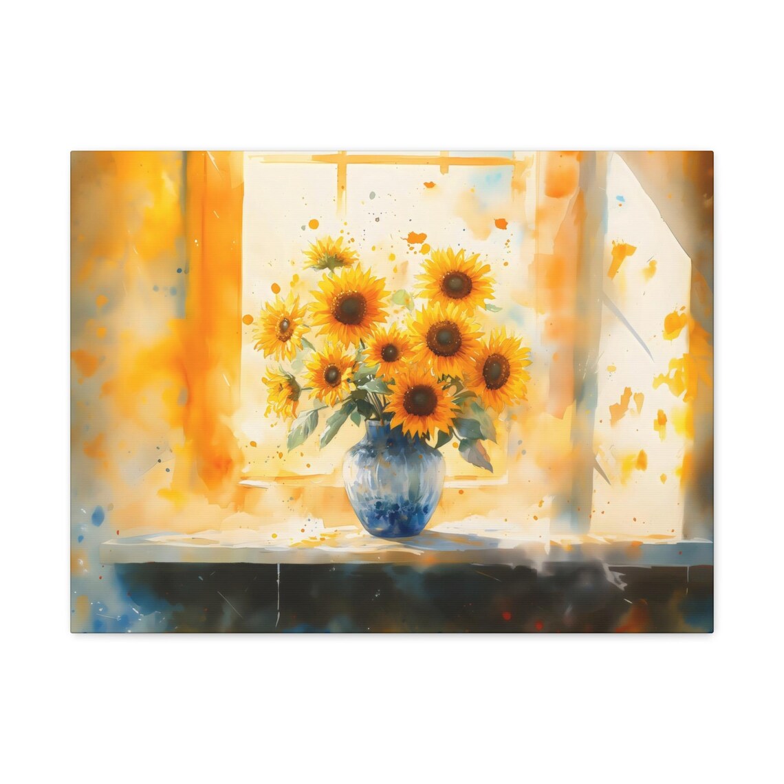 Bright Sunflower Bouquet in Blue Glass Vase Watercolor Art Poster - Image 2
