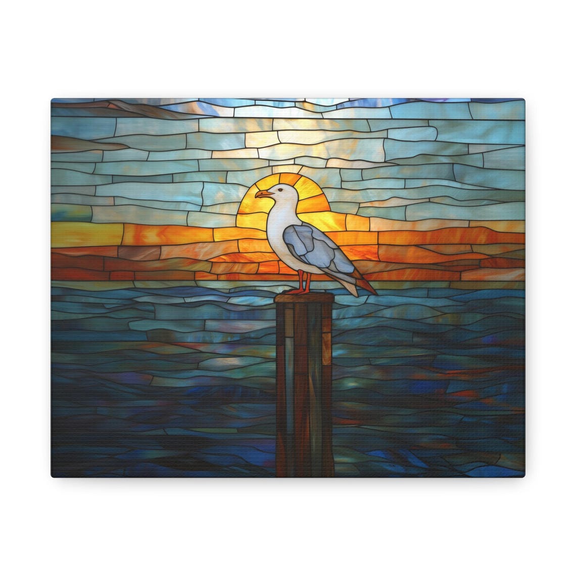 Stained Glass Seagull Sunset Ocean Piling Coastal Bird Decor Poster - Image 3