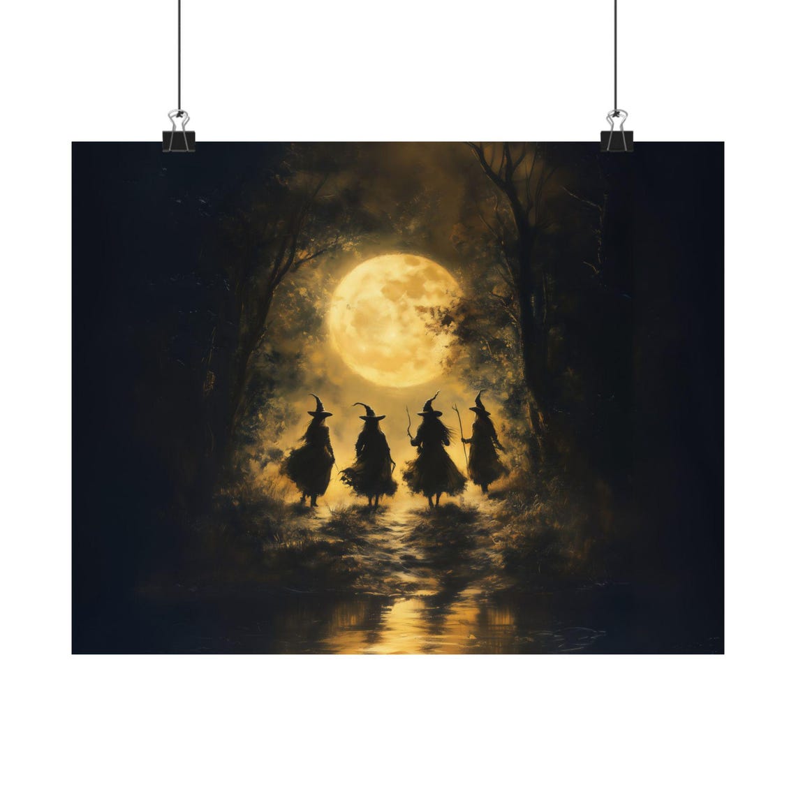 Witches Walking Toward Golden Full Moon Coven Halloween Poster