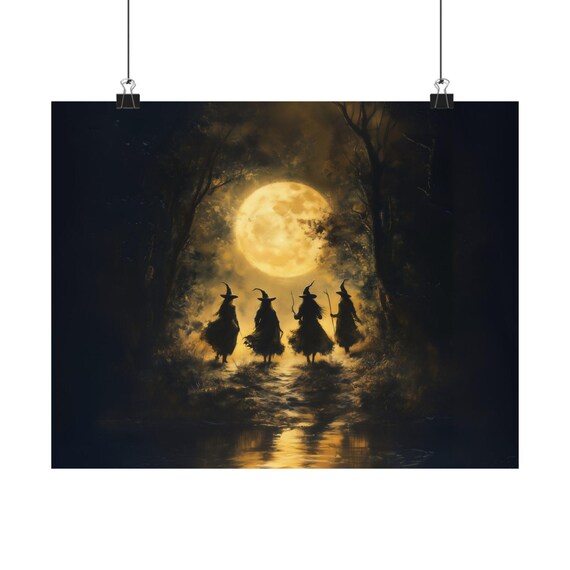 Witches Walking Toward Golden Full Moon Coven Halloween Poster