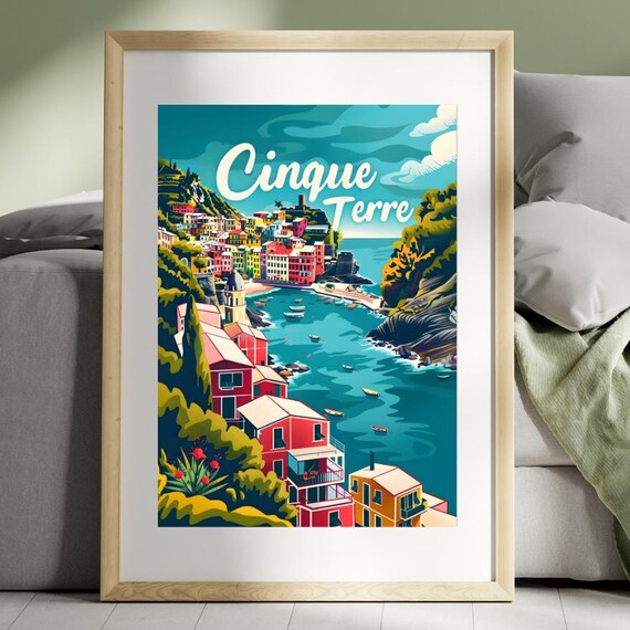 Cinque Terre Italy Colorful Cliffside Village Retro Vintage Travel Poster