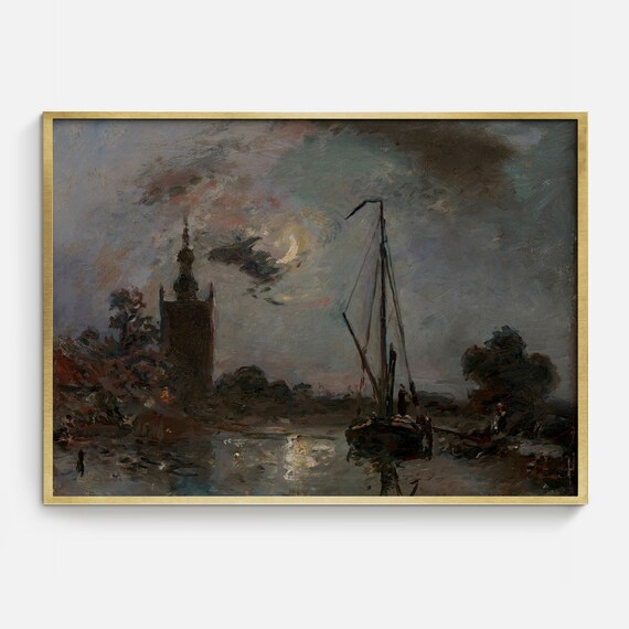 Crescent Moon Church Tower Harbor Sailboat Moody Night Art Poster
