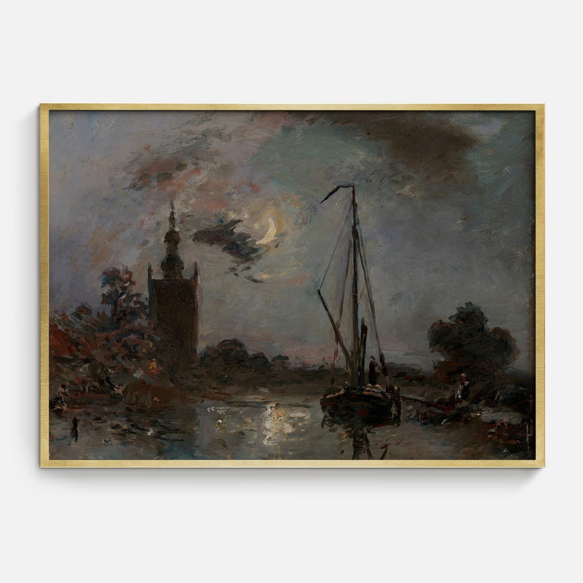 Crescent Moon Church Tower Harbor Sailboat Moody Night Art Poster