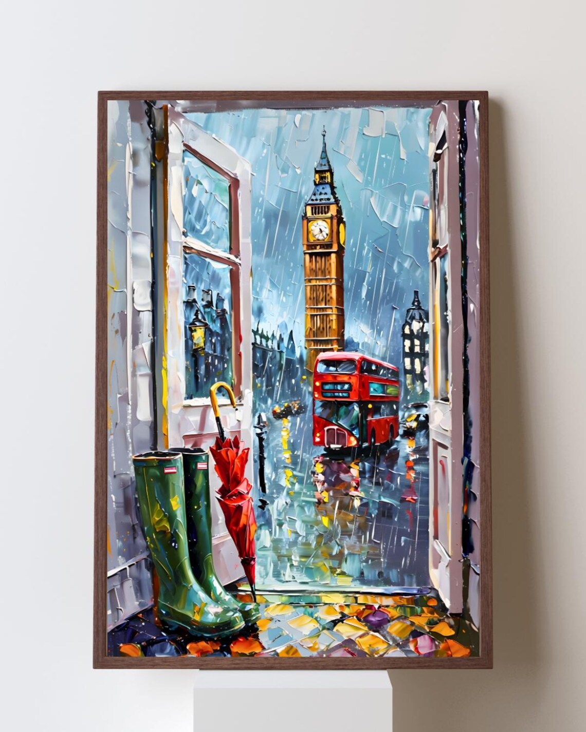 Rainy London, Big Ben Red Bus Travel Poster