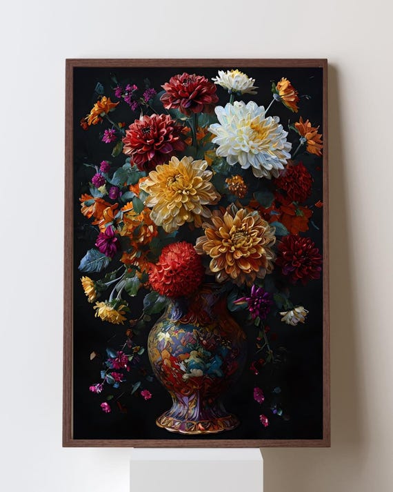 Chrysanthemum Wall Art Moody Fall Floral Print November Birthday Impasto Mum Bouquet Painting Cozy Autumn Home Decor