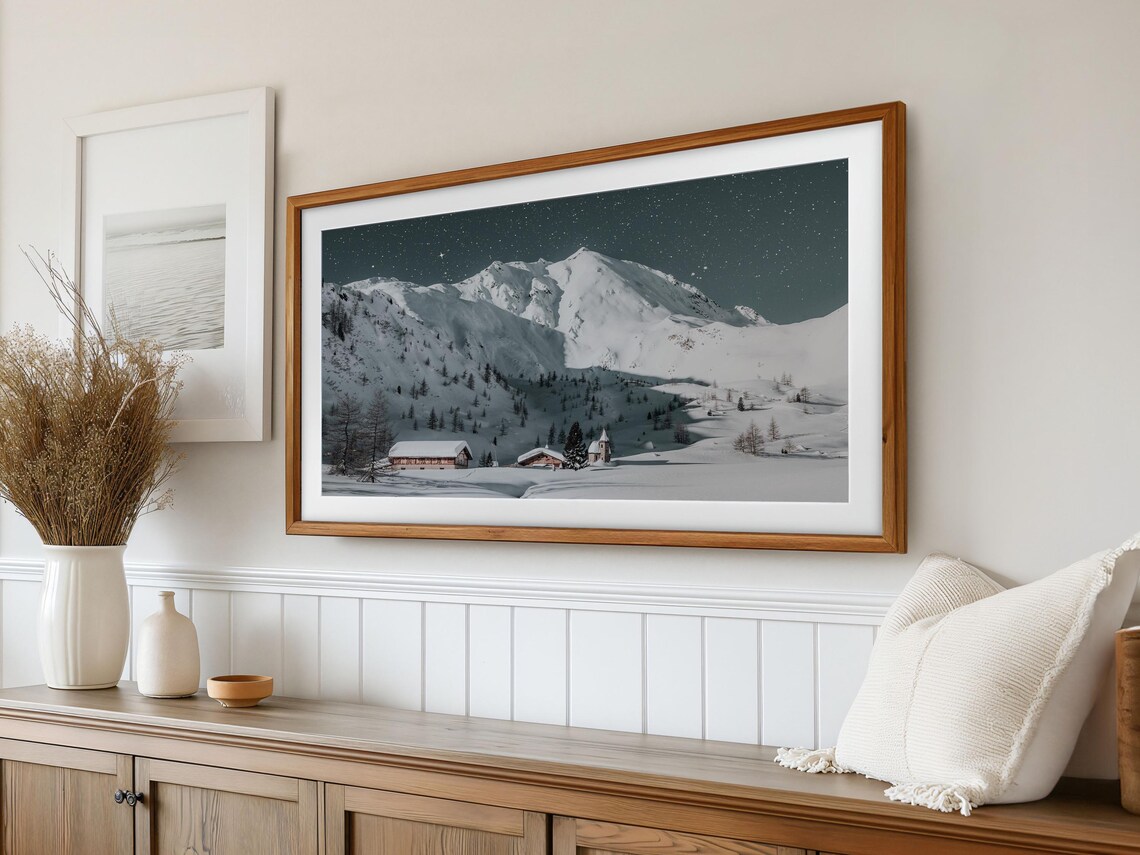Starry Night Snowy Mountain Cabin Christmas Winter Landscape Poster - Image 2