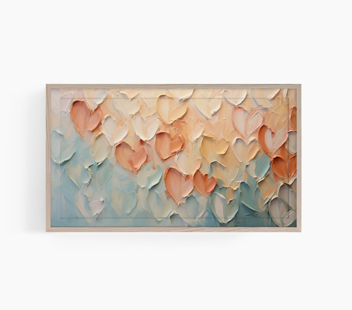 Peach and Blue Impasto Heart Texture Romantic Painting Poster