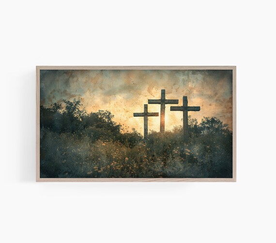 Three Crosses Hill Sunset Calvary Christian Easter Faith Wall Art
