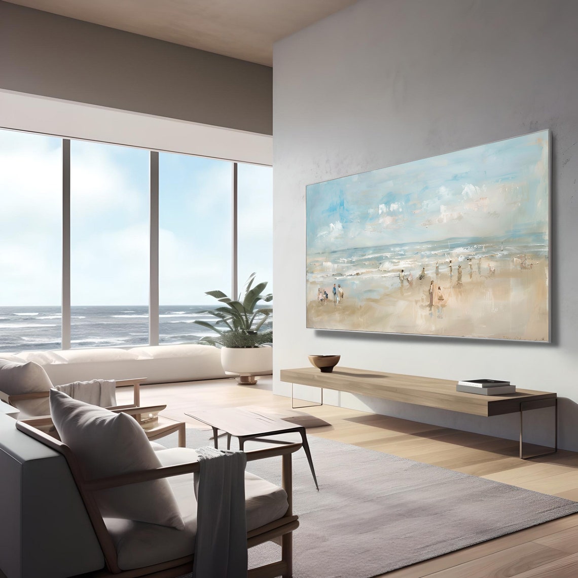 Impressionist Beach Scene with Families Playing by the Waves Poster - Image 3