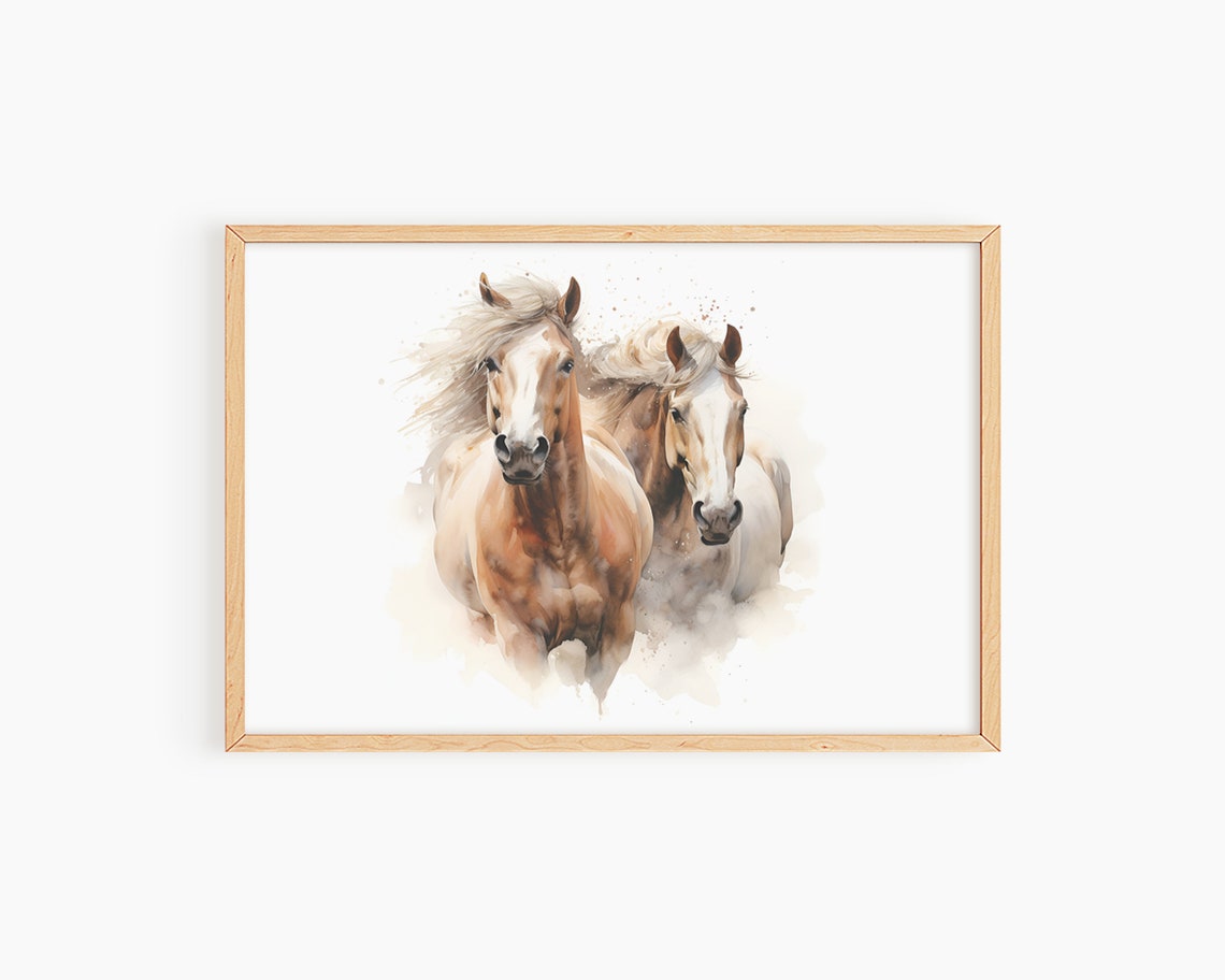 Two Running Chestnut Horses Watercolor Equestrian Rustic Wall Art