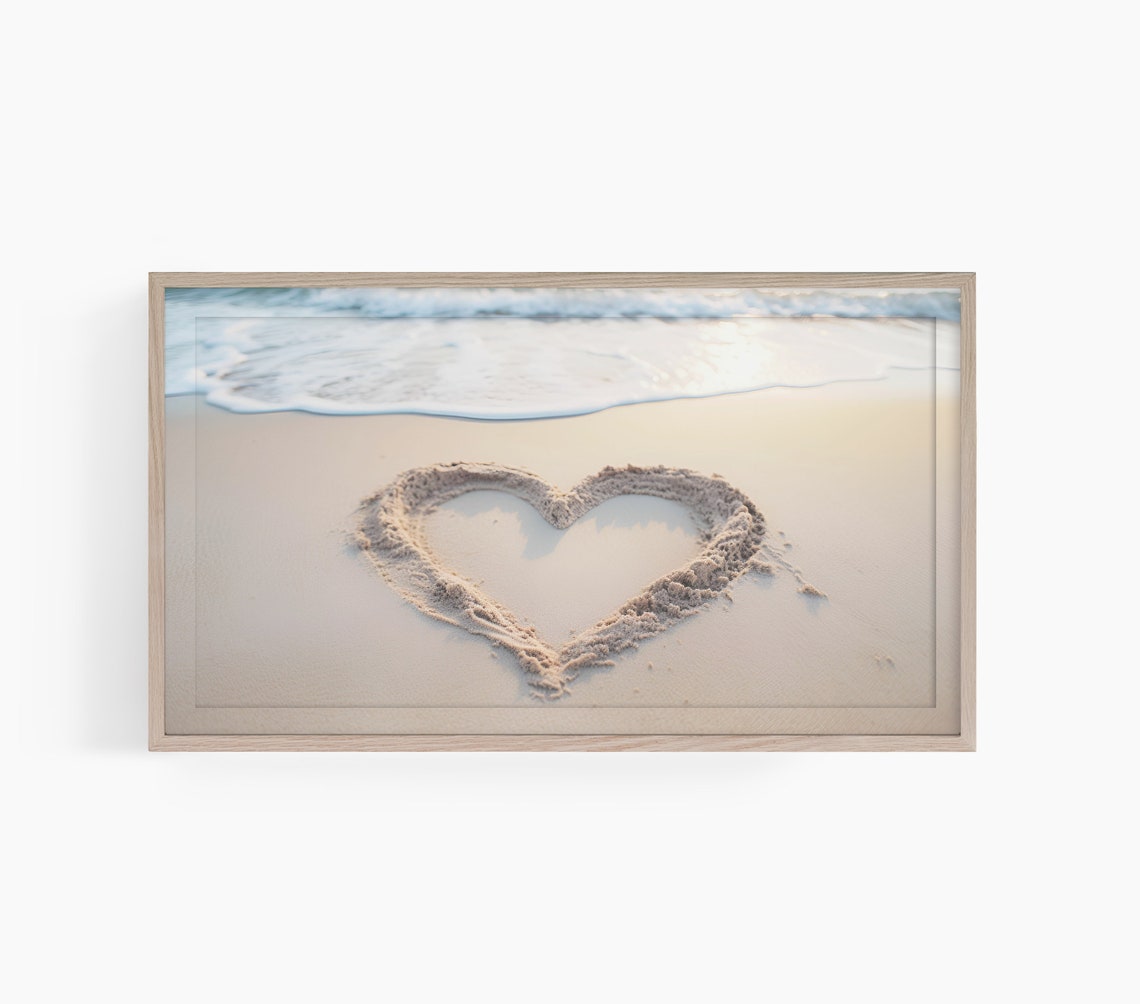Heart Drawn In Beach Sand Ocean Waves Romantic Coastal Art Poster