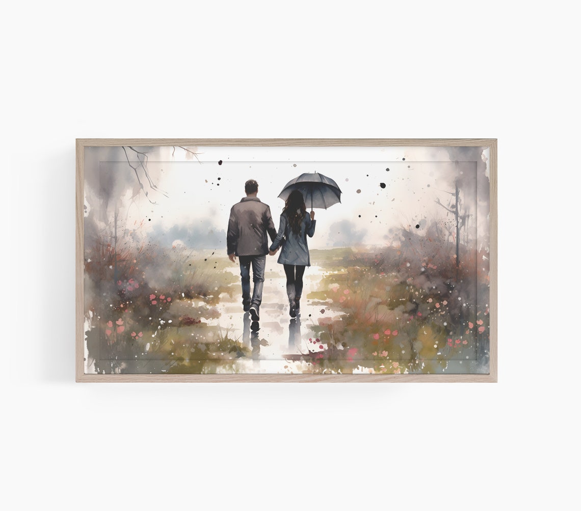 Couple Walking Under Umbrella Rainy Path Watercolor Romance Poster