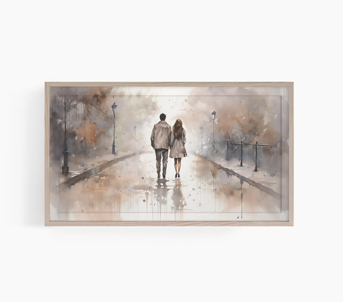 Couple Walking Away On Rainy Street Watercolor Romantic Wall Art