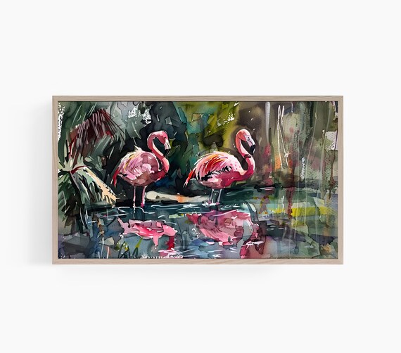Pink Flamingo Pair Tropical Lagoon Watercolor Art Painting Poster
