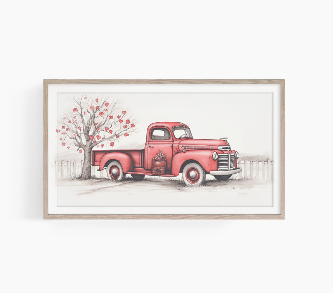 Vintage Red Pickup Truck Heart Tree Valentine Farm Sketch Poster
