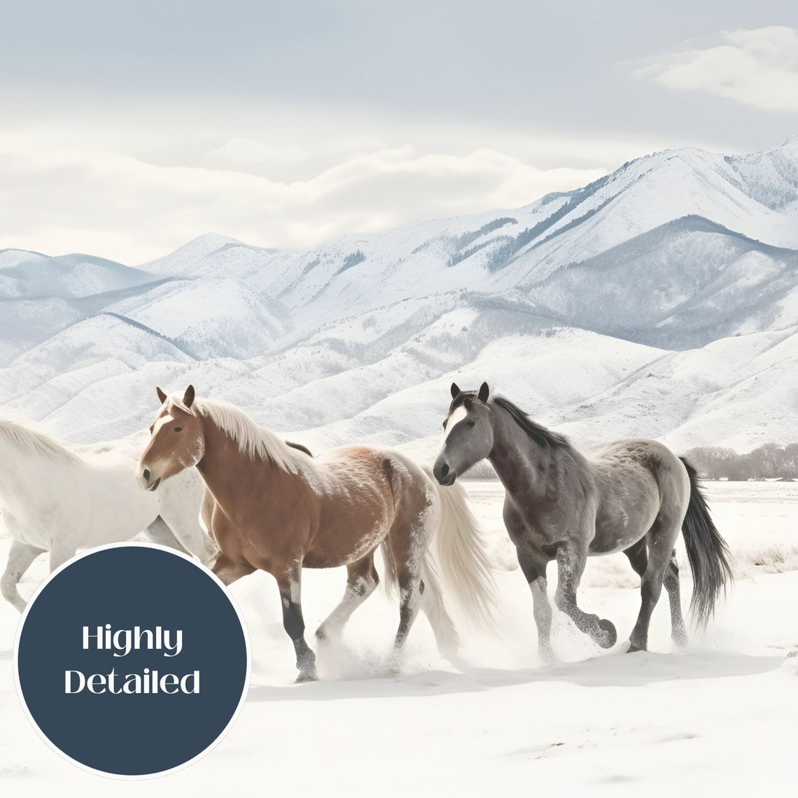 Three Horses Running in Snowy Mountains Winter Wildlife Poster - Image 3